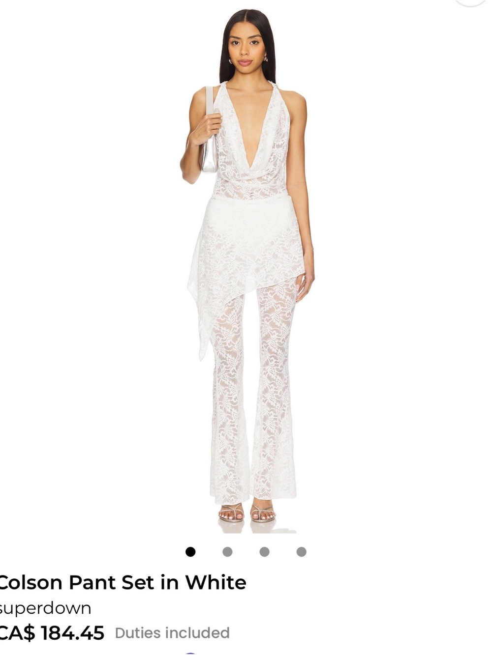 superdown White Lace Plunging Jumpsuit with Flared Pants